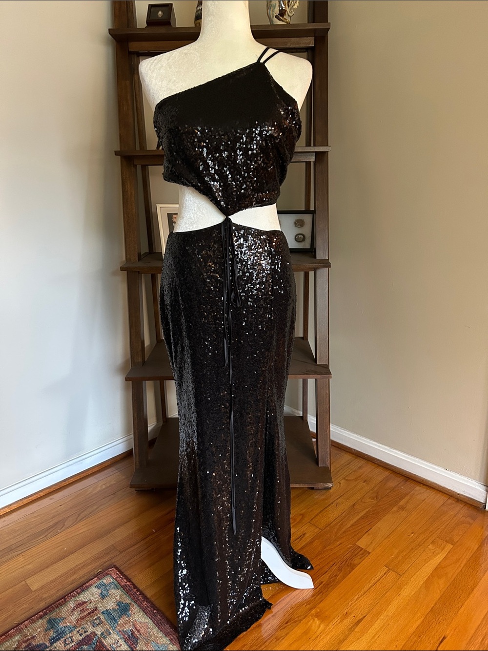 Nasty Gal Black Sequin One-Shoulder Cutout Dress with  Maxi Skirt
